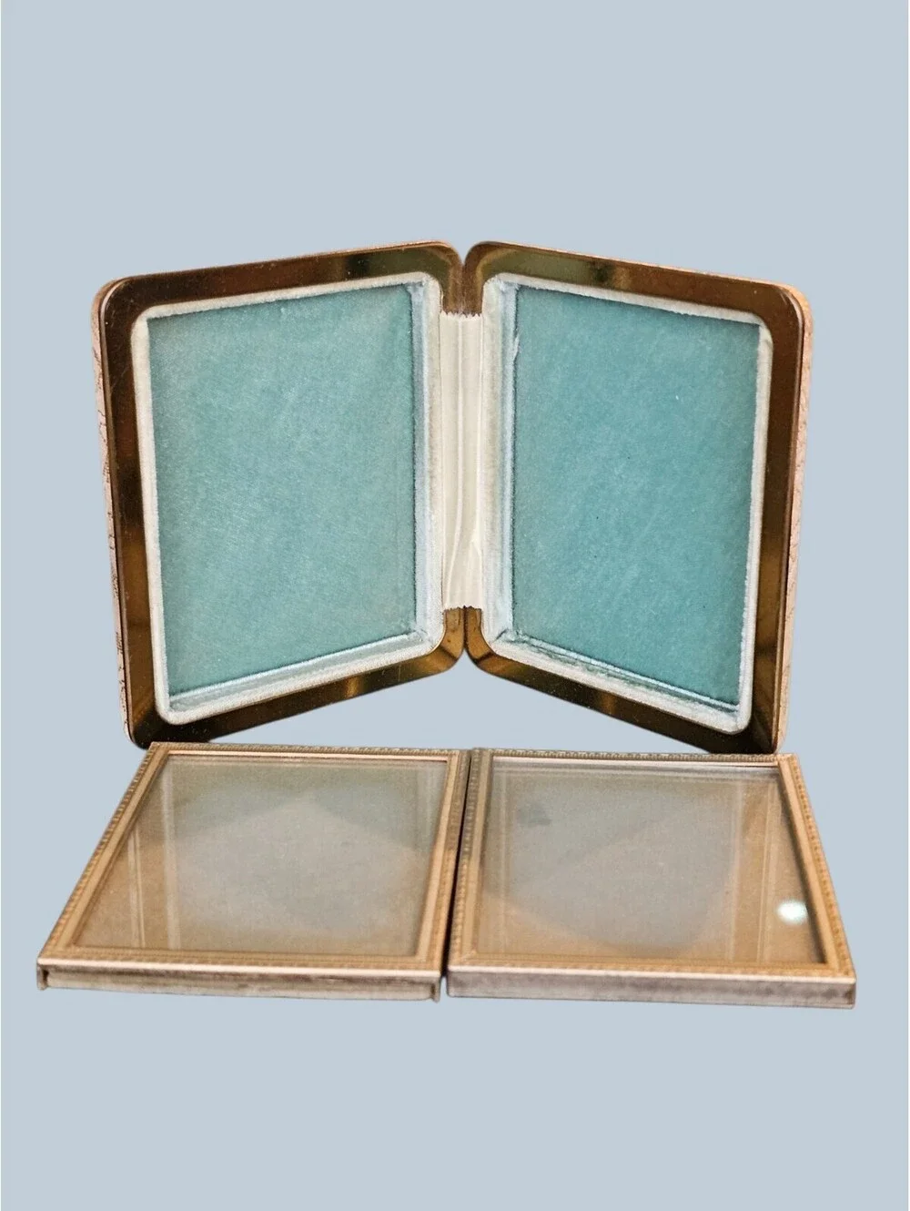 Vintage Mid Century Gold Brocade Double Hinged Folding Travel Picture Frame
